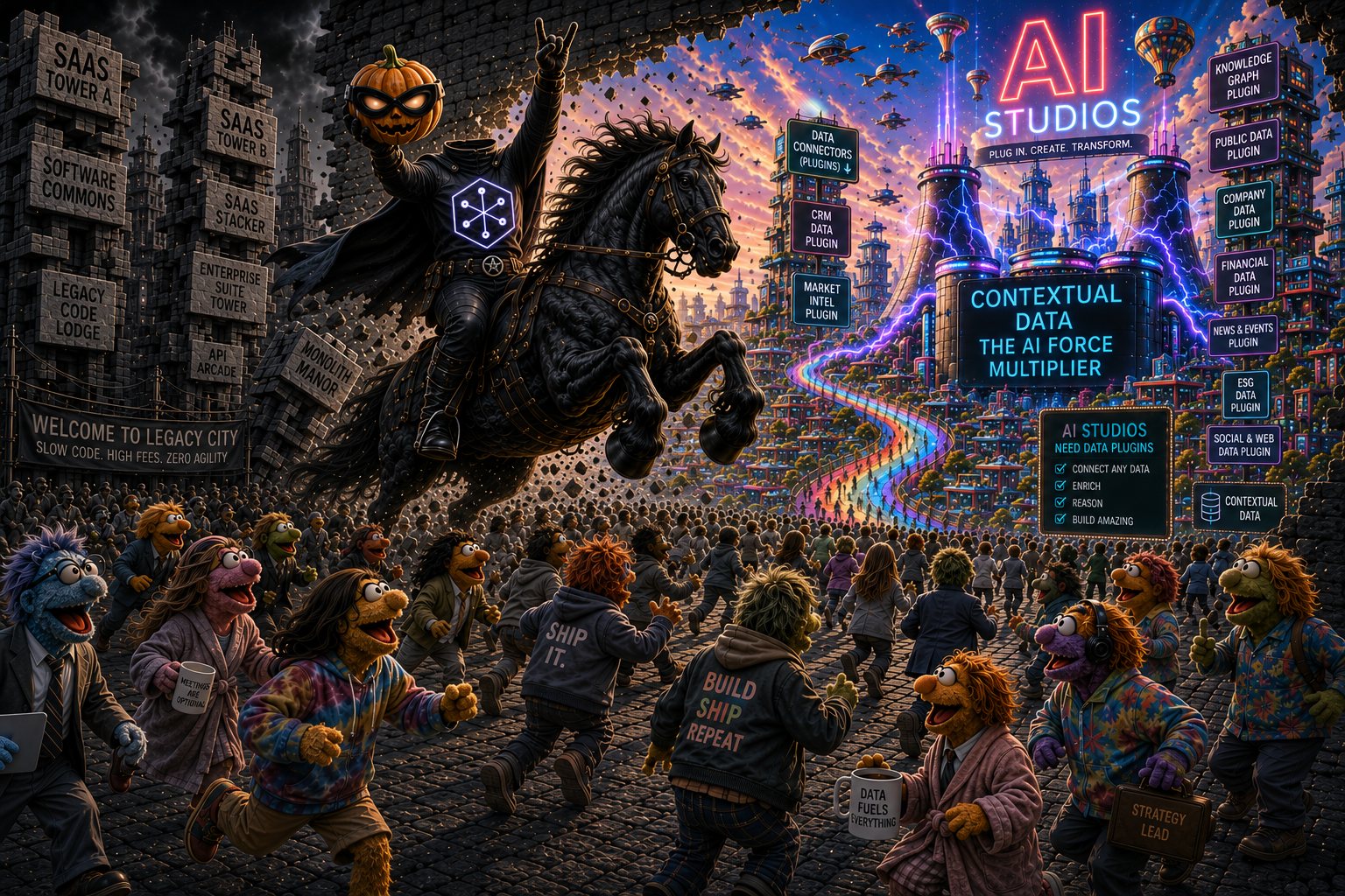 Illustration: a jack-o'-lantern-headed horseman rides out of a grey Legacy City of SaaS towers and legacy code lodges, while a crowd streams toward a neon AI Studios skyline lined with data plugins — contextual data as the AI force multiplier.