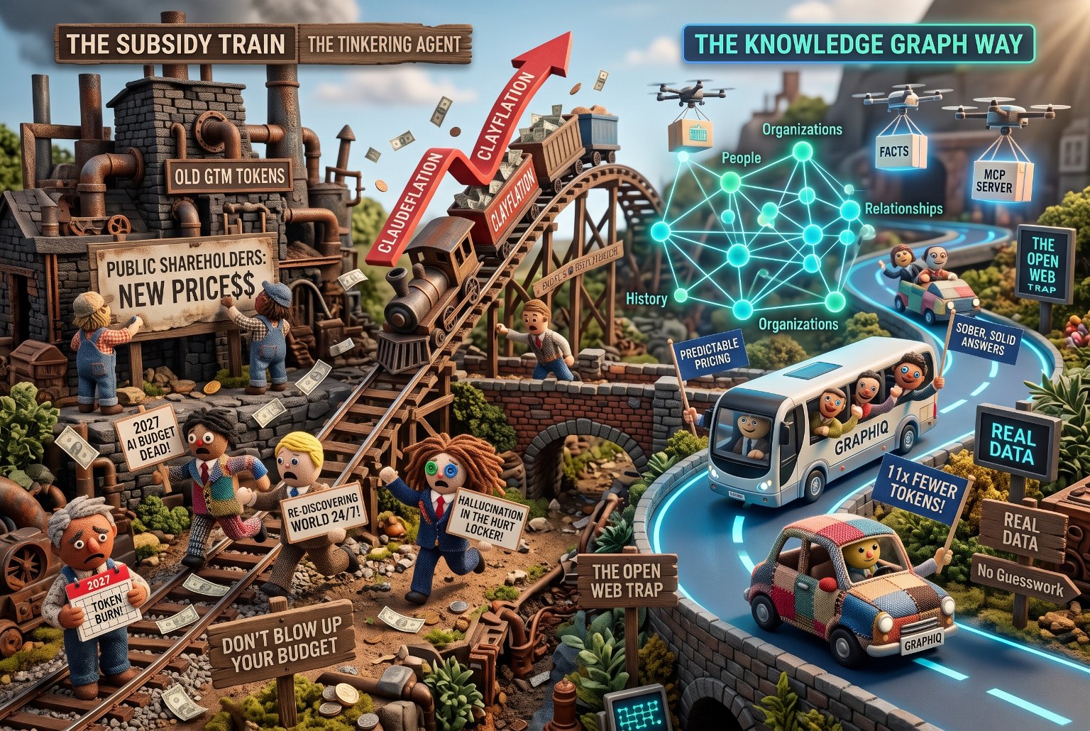 Knitted-doll diorama in two halves. Left, The Subsidy Train: a rusty train labeled Claudeflation and Clayflation climbs a rising red arrow while GTM figures flee holding signs reading 2027 AI budget dead, Re-discovering world 24/7 and Hallucination in the hurt locker. Right, The Knowledge Graph Way: a GraphIQ bus and car drive a lit road past a glowing graph of organizations, people and relationships, with signs for predictable pricing, sober solid answers and 11x fewer tokens.