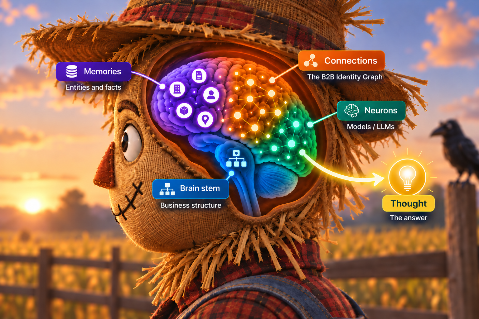 Illustration of a scarecrow in a cornfield at sunset with a cutaway brain labeled Memories (entities and facts), Connections (the B2B Identity Graph), Neurons (models / LLMs), Brain stem (business structure) and Thought (the answer)